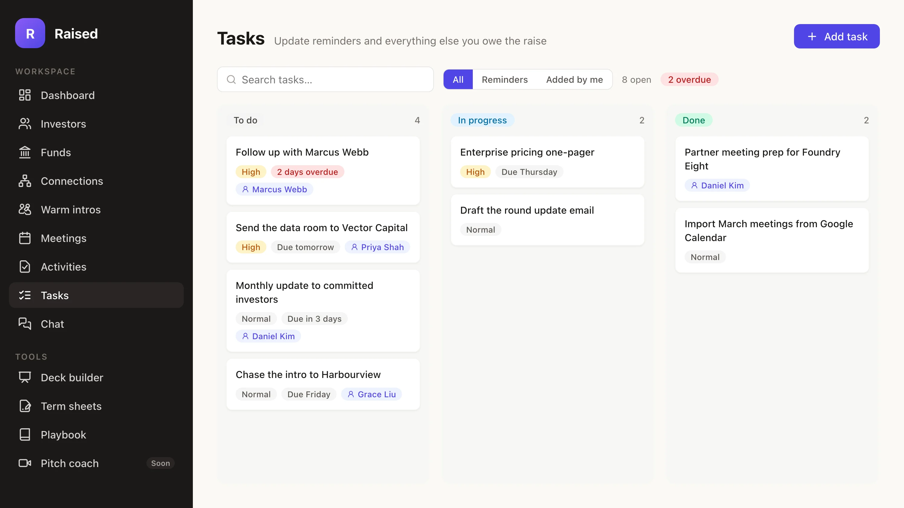 Tasks board in the Raised web app